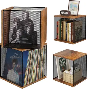2-Cube DIY Stackable Vinyl Record Storage Shelf, Natural Wooden Organizer Crate Cabinet Holds 80-110 Vinyl Albums, Storage Furniture for Home