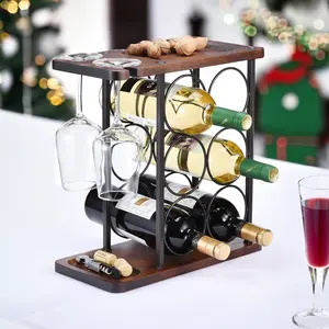 Wine Bottle Holder, Wine Rack with Glass Holder, Wine Racks Countertop, Wine Holder and Glasses Rack, Wooden Wine Stand with Tray, Perfect for Home Decor & Kitchen Storage Rack etc (Hold 6 Bottles and 2 Glasses)