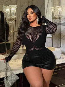 Women's Plus Size Sexy Long Sleeve Hollow Out Jumpsuit, Casual Summer Romper, Comfortable and Stylish One-Piece Dress