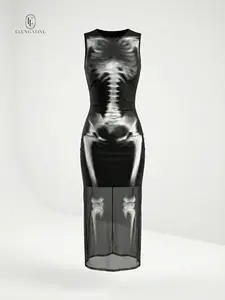 Elengatine Women's Sleeveless Bodycon Midi Dress – X-Ray Skeleton Print, Sheer Mesh Overlay, Stretchy Slim Fit, Sexy Night Out Dress for Parties & Events