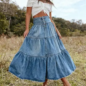 Women's Bohemian A Line High Waiste Denim  Layered Cake Skirt with Front Button Detailing Ruffle Layers for Festivals Casual Outings Soft Denim Fabric Vintage Charm Chic Style