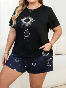 Summer Women's Plus Size Moon and Star Print Pajama Set, Loose Casual Short Sleeve Top with Comfortable High-Waist Shorts, Breathable Fabric for a Cozy Home Feel