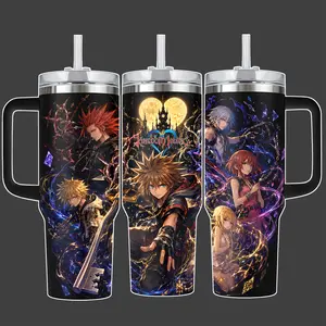 Kingdom Hearts Fire & Ice Fantasy Duo Anime Tumbler Cup, Stainless Steel Insulated Travel Mug 20oz/40oz With Straw Lid Included, 40oz Handle Option