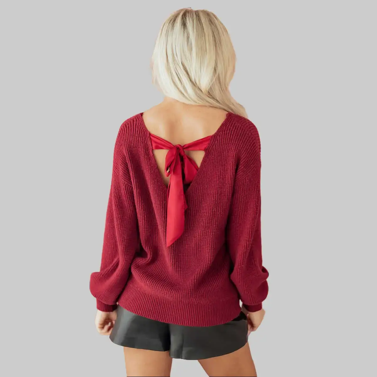 Red Dahlia Ribbed Knit Ribbon Knot Backless Drop Shoulder Sweater for Women, Long Sleeve Loose Oversized Pullover Top, Elegant Tie Back V Back Knit Sweater, Casual Party Night Out Fall Winter Fashion OOTD Top