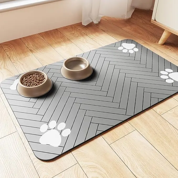 Pet Feeding Mat-Absorbent Pet Placemat for Food and Water Bowl, with Waterproof Rubber Backing, Quick Dry Water Dispenser Mat for Dog and Cat (20"x12", Striped  Gray)