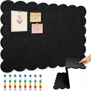 36 x 24 Inch Scalloped Felt Bulletin Board, Foldable Trifold Pin Board, Self-Adhesive Cork Board Alternative for Wall, Decorative Vision Board & Photo Display (Black)
