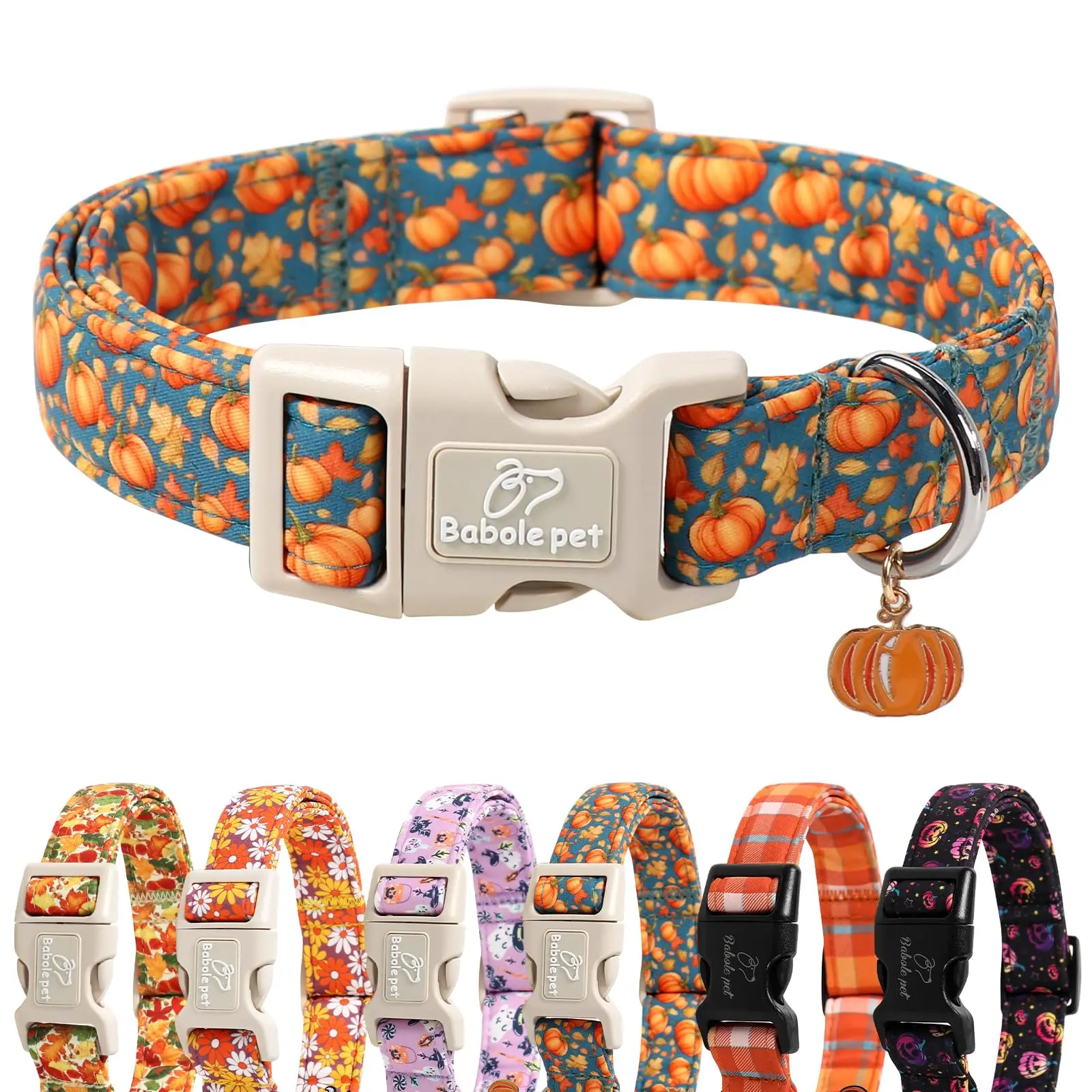 Babole Pet Graphic Cotton Dog Collar - Lightweight, Adjustable, Amber, Chew-Resistant Pumpkin-Patterned Autumn Collar with Studs for Small, Medium, Large Dogs
