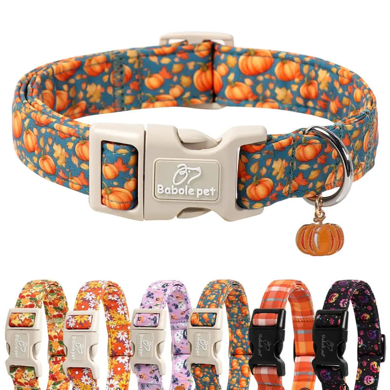 Babole Pet Pumpkin Pattern Cotton Dog Collar - Lightweight, Adjustable, Amber, Chew-Resistant, Studded, Quick Release, Detachable, Fade-Resistant Print Collars for Small, Medium, Large Dogs