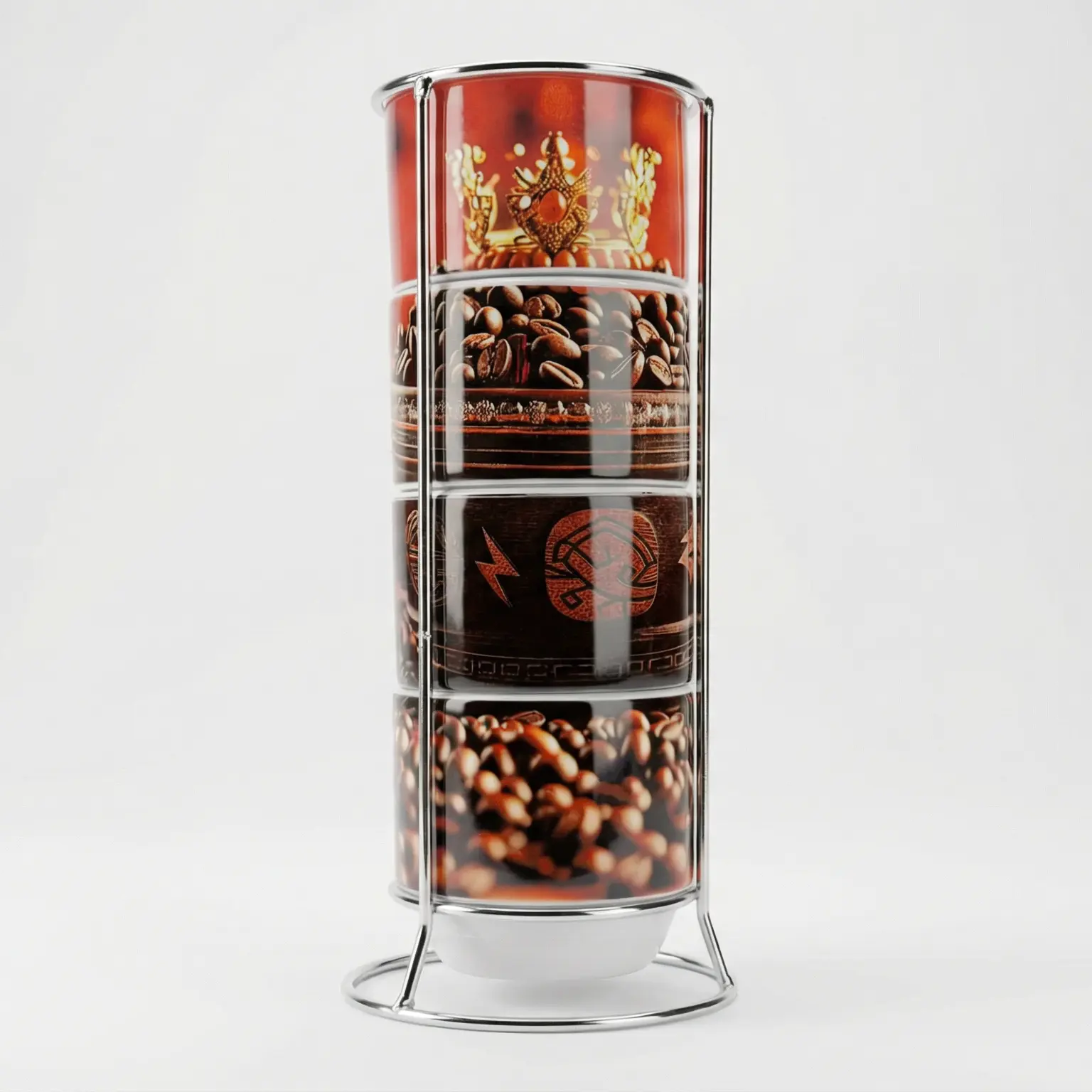 Shango Espresso Cup Set of 4 with Stand – Yoruba Orisha Art | Afro-Cuban Spiritual Coffee Gift, Thunder God Stackable Mugs