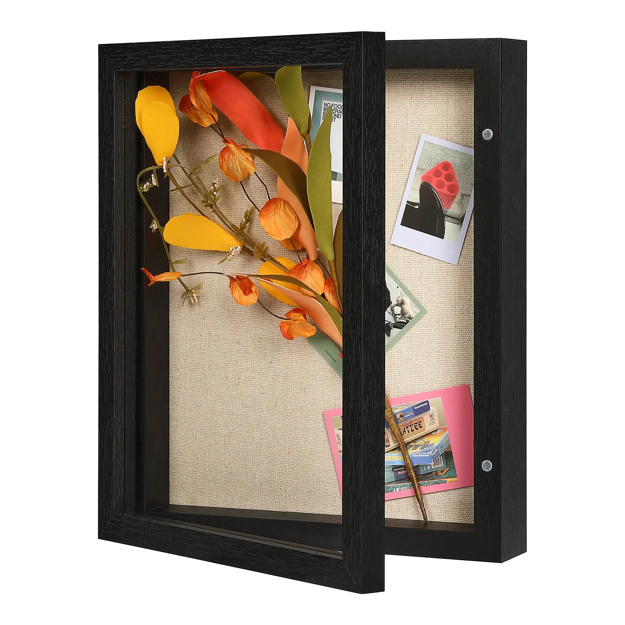 8x10 Shadow Box Display Case with Real Glass & Linen Back - Rustic Wood Memory Box Frame for Photos, Awards & Bouquets - Includes Push Pins - Fits 6.8x8.8 Photos