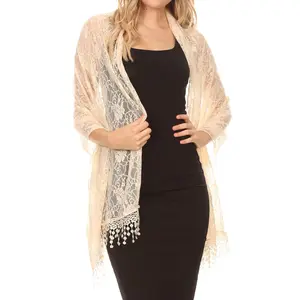 Sakkas Mari Women's Large Lightweight Soft Lace Scarf Wrap Shawl Floral and Fringe