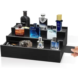 Wooden Cologne Organizer for Men - 3 Tier Cologne Stand Perfume Organizer with Hidden Compartment, Black Elevated Cologne Display Shelf for Organizing and Storing,Watch and Jewelry,Gift for Father