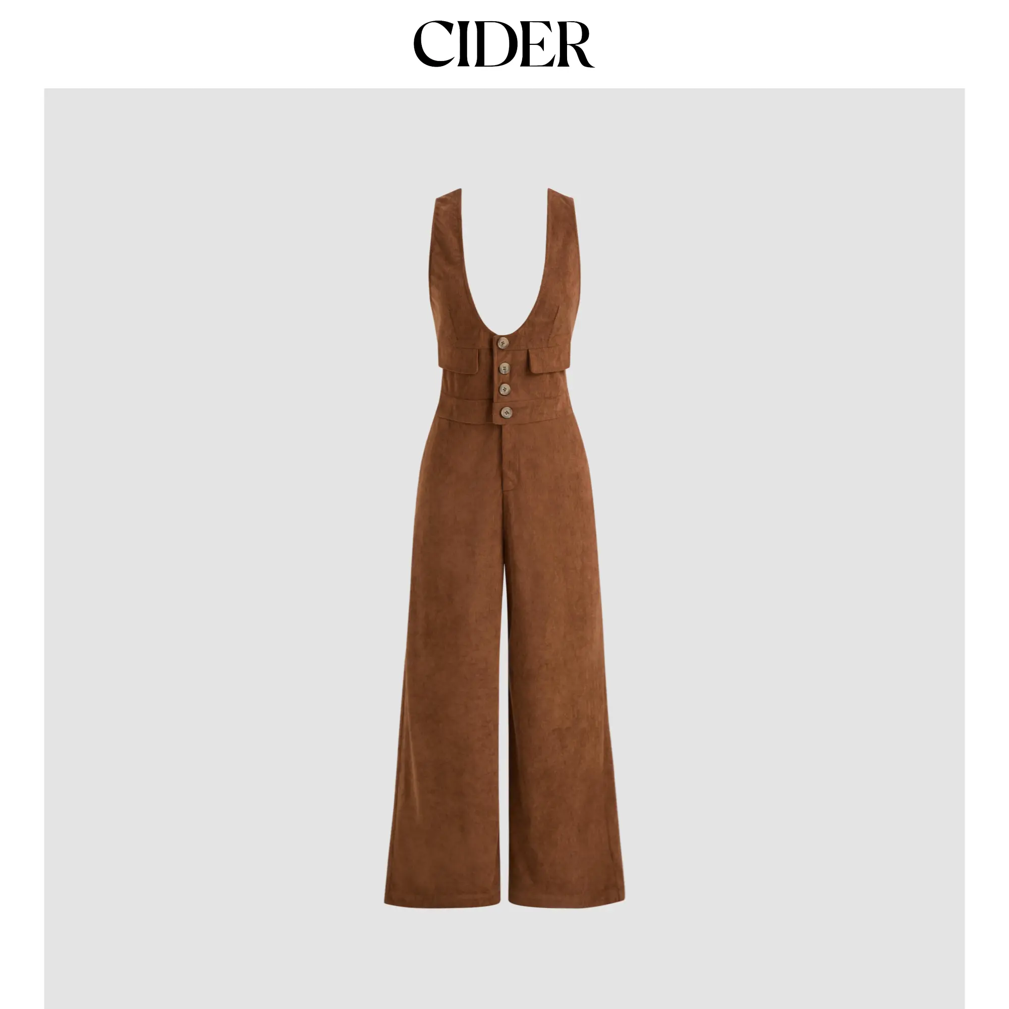 Cider Corduroy Scoop Neckline Solid Button Pocket Jumpsuit