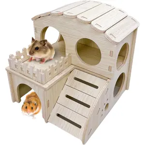 Hamster Wood House Wooden Hamster Hideout Maze Double-Decker Huts with Climbing Ladder for Syrian Dwarf Gerbil Mouse