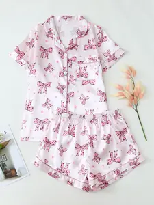 Women's Ditsy Floral Pyjama Set, Short Sleeve Top with Pockets, Butterfly Knot Design, Loose Fit, Casual Homewear, All Seasons