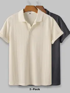 Men's Solid Color Jacquard Knits Shirt, Regular Fit Casual Breathable Short Sleeve Collared Top for Summer, Fashion Men's Clothes for Daily Wear