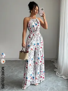 Women's Floral Print Tie Waist Bohemian Elegant Jumpsuit, Casual Fitted One-Piece, Stylish Floral Pattern, Perfect for Daily Wear