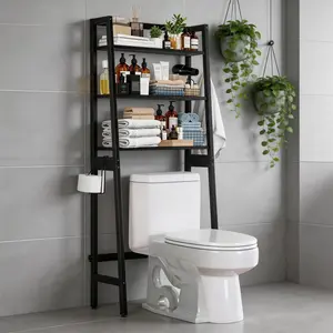 Over The Toilet Storage, Wooden 3-Tier Over-The-Toilet Rack Bathroom Space Saver Organizer, Freestanding Above Toilet with Toilet Paper Holder and Hooks(Bl
