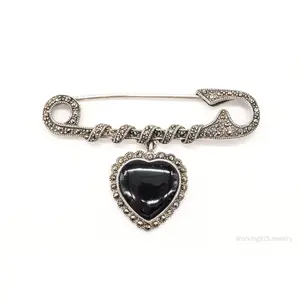 Vintage Black Onyx Marcasite Art Deco Heart Sterling Silver Pin Brooch