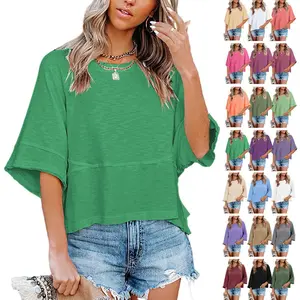 LAICIGO Women's 2026 Summer Simple Style Casual Crewneck Batwing Half Sleeve Solid Color T-Shirts