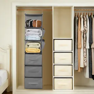Hanging Closet Organizer with Drawers, 3-Tier Non-Woven Fabric Storage Shelves, Foldable Closet Organizer for Bedroom, 11.8x11.8x47.2 Inches