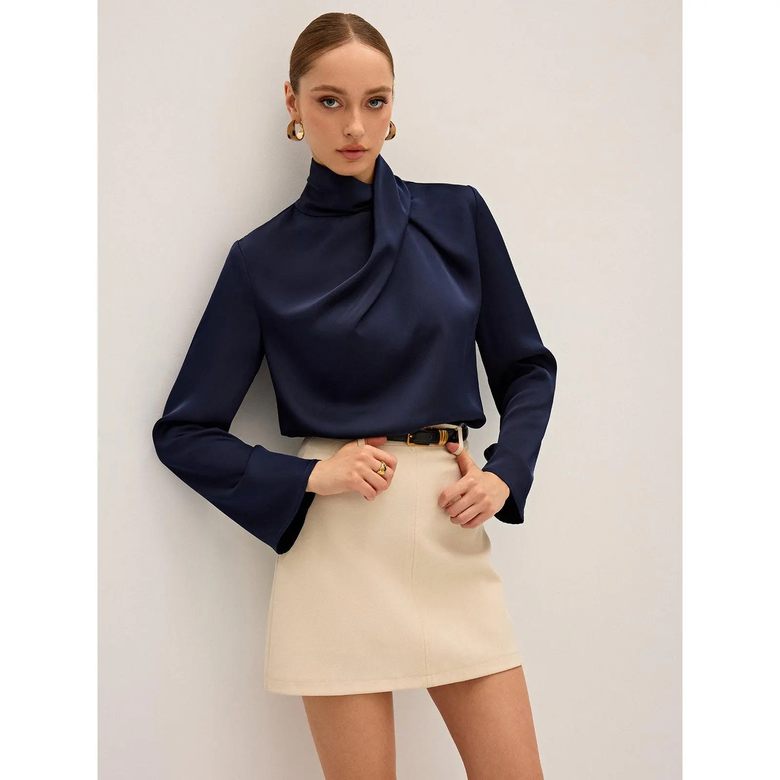 Satin Draped High Neck Blouse