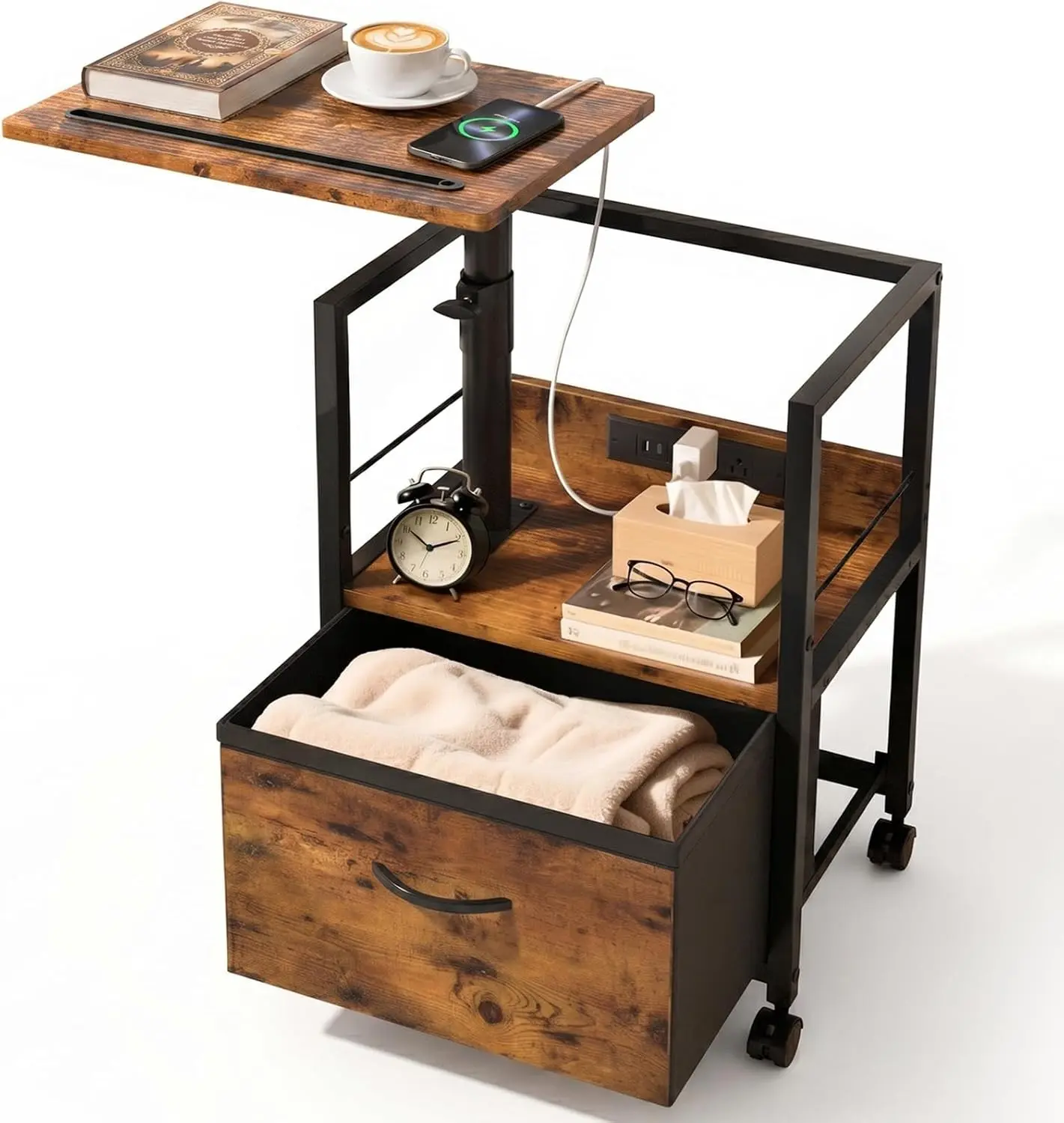 Faesun Swivel Lift Top Nightstand with Charging Station, Rolling Side Table for Recliner, Bedside Table with Wheels & a Fabric Drawer, for Small Spaces, for Bedroom, Living Room, Brown