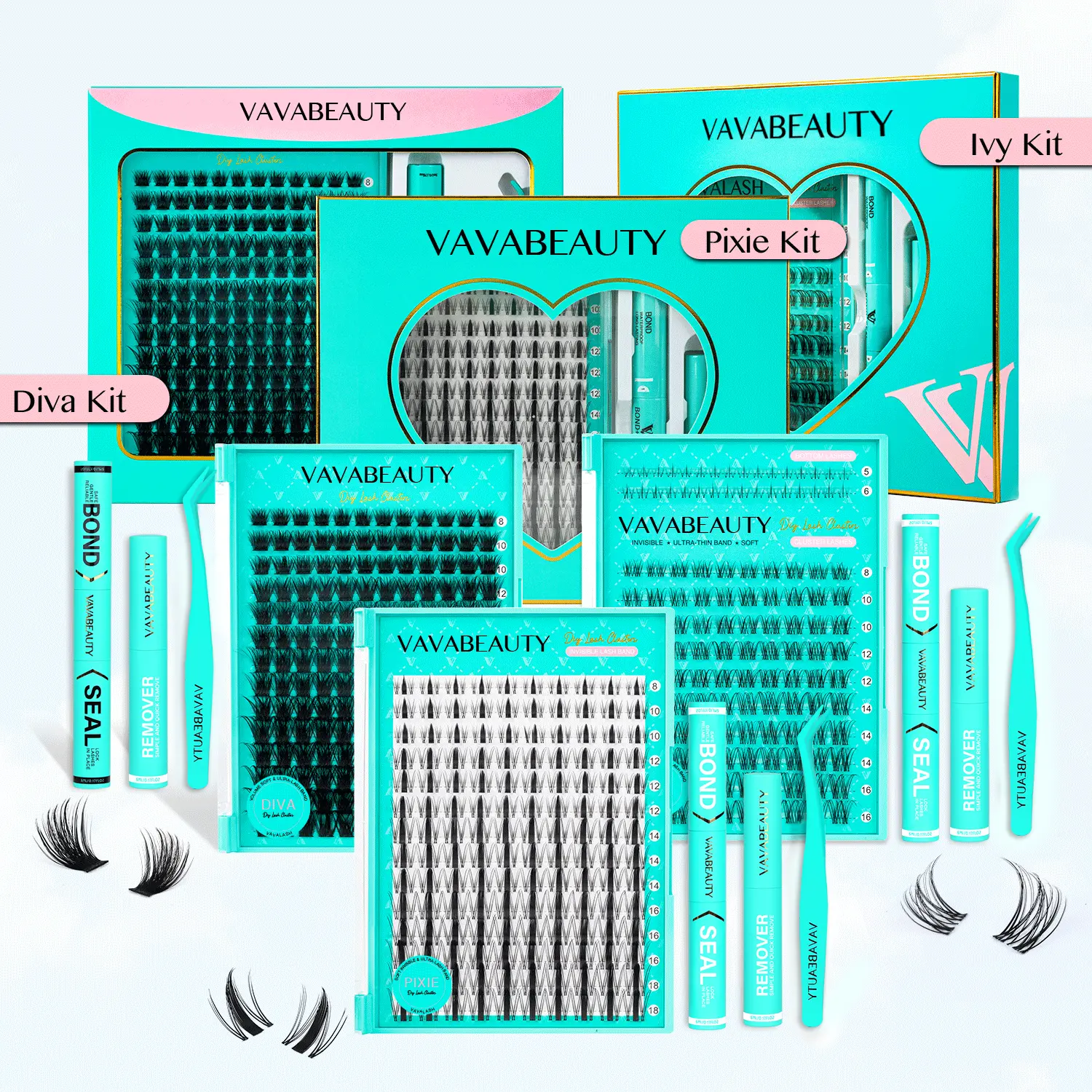 VAVA BEAUTY Wide Ultra-thin Invisible Lash Band, Ivy Daily Natural Individual Cluster Lash Kit, Pixie Manga Lash, Diva Fuffly Magic Clusters, Beginner Friendly,  Waterproof Lash bond For Girls Beauty Makeup At Home Eyelashes Cosmetic