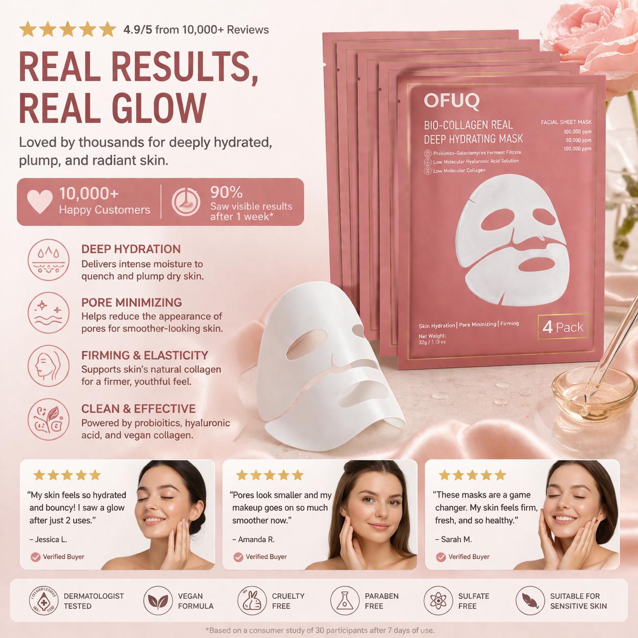 OFUQ 4-Pack Bio-Collagen Real Deep Hydration Overnight 32-gr Face Mask Intensive Moisturizing & Firming Collagen Mask For All Skin Types Moisturizer