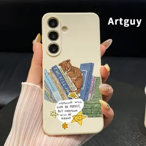 Straight Edge Phone Case Compatible with Samsung Galaxy S26 S23 Ultra S24 Plus S25 S22 Edge Cat's Bookish Slumber Pattern Pocket-Friendly Shockproof Silicone Protective SoftCase