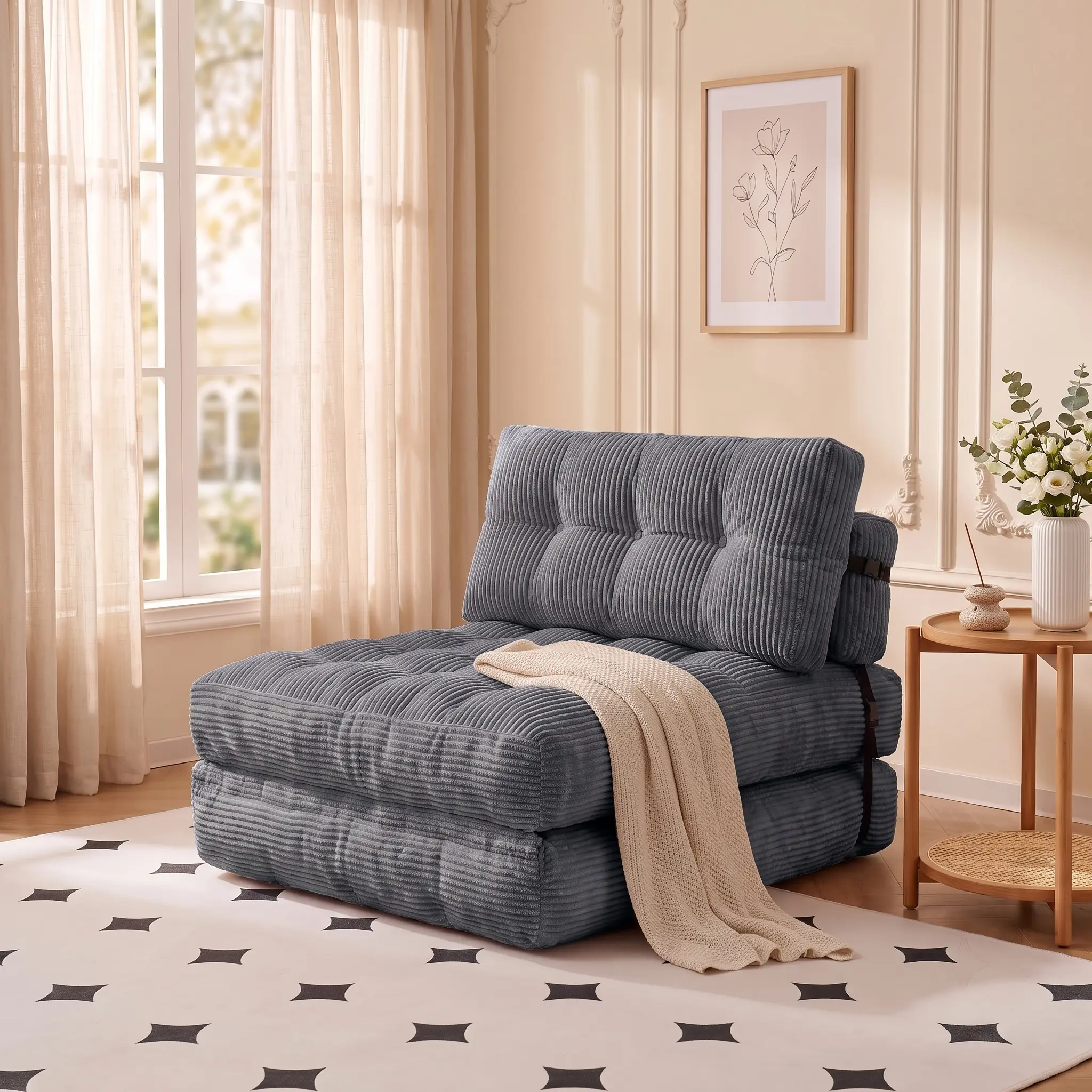 Folding Sofa Bed Convertible Sleeper Chair with Pillow Foldable Mattress with Back Support Portable Fold Out Chair Bed Comfy Floor Sofa Lounge for Living Room Bedroom Gray Single couch boneless