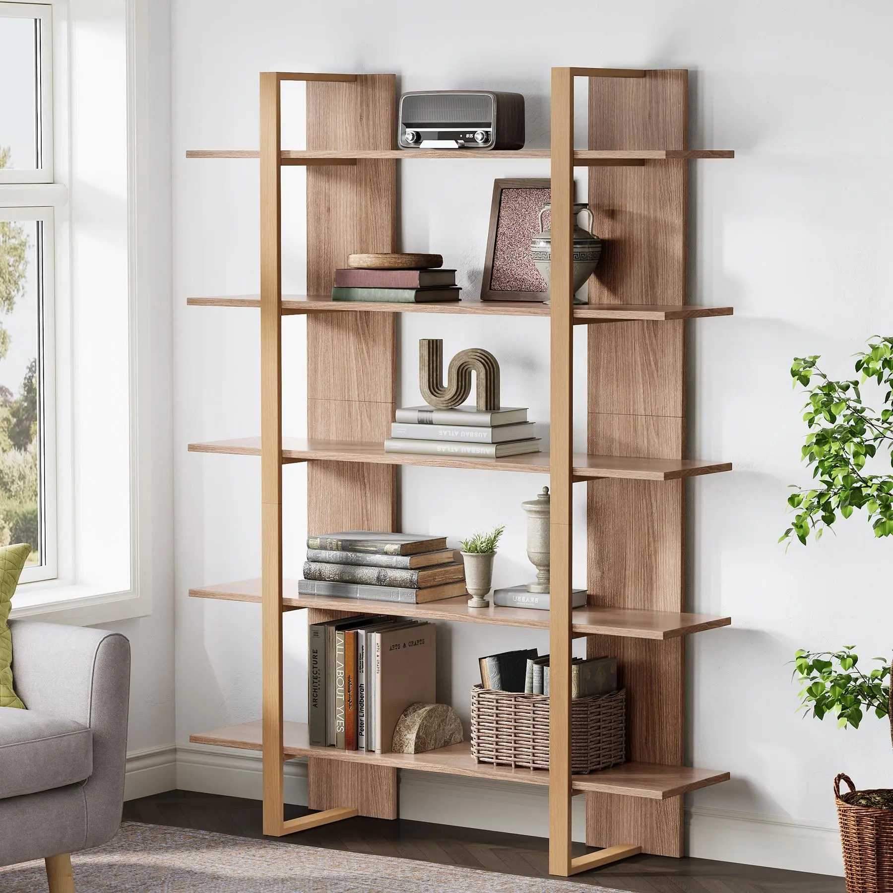TRIBEWOOD Industrial 5-Tier 47.24" W x 70.87" H x 11.81" D Metal & Wood Bookshelf - Durable Open Etagere Display Shelving Unit, Room Divider, Assembly Required Indoor Furniture Storage for Living Room, Office