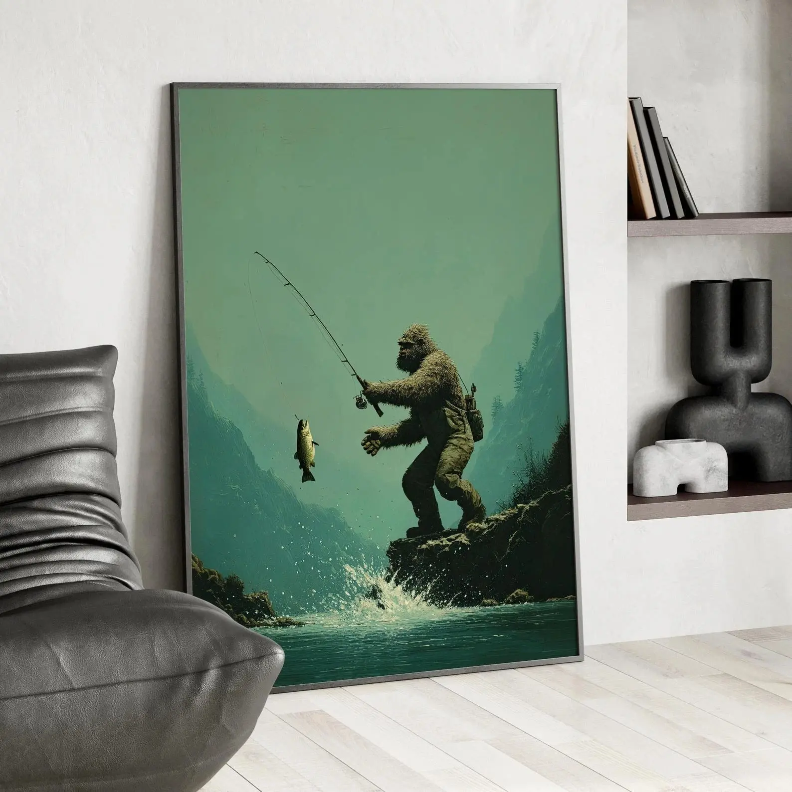 Fly Fishing Bigfoot Poster, Funny Sasquatch Art, Rustic Cabin Wall Decor, Unframed Wall Art, Home Decor