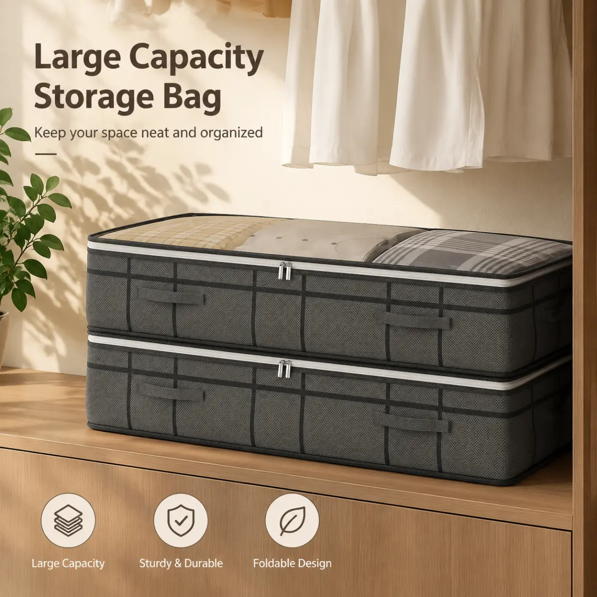 Under Bed Foldable Fabric Storage Bin - Large Capacity Organizer with Reinforced Handles, Breathable Sturdy Container for Clothes, Bedding, 2 Size Options for Bedroom Home Space-Saving Tidying