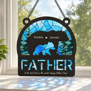 Personalized Father Suncatcher Custom Name Bear Family Window Hanging Sign Stained Glass Style Acrylic Ornament Fathers Day 2026 Gift for Dad Gift for Father Gift for Husband Gift From Kids Home Decor Room Decor Strong Dad Gift Protective Dad Gift