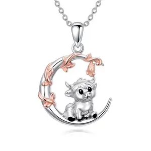 S925 Sterling Silver Moon & Highland Cow Pendant Necklace—a charming animal-themed design and an absolute must-have gift for women.cottagecore accessories，everyday jewelry trends，luxury vs affordable jewelry，cute accessories online