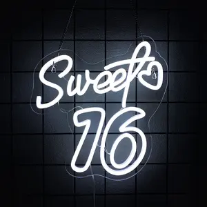 Sweet 16 Neon Sign Wall Decor Girl Bedroom Happy Birthday Sixteen Light Sweet 16 LED Light Sign for Birthday Party Wall Decor Gift Personalized White USB Powered Easy to Hanging.