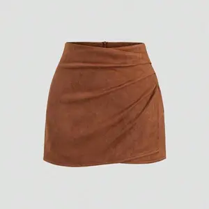Women? Vintage Italian-Style Ruched Mini Skirt, Sexy Dark-Tone Maillard Color Skirt for Autumn/Winter