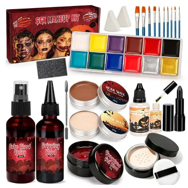 24PCS Halloween SFX Makeup Kit for Adults & Teens – Fake Blood, Scar Wax, Zombie Vampire Face Paint, Horror Cosplay Costume Makeup Set with Brushes & Sponges