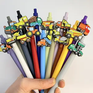 30/50Pcs construction vehicle theme cartoon press neutral pen, excavator forklift silicone patch smooth signature ballpoint pen, mechanical enthusiast creative office gift (15/25 pen + 15/25 refill)