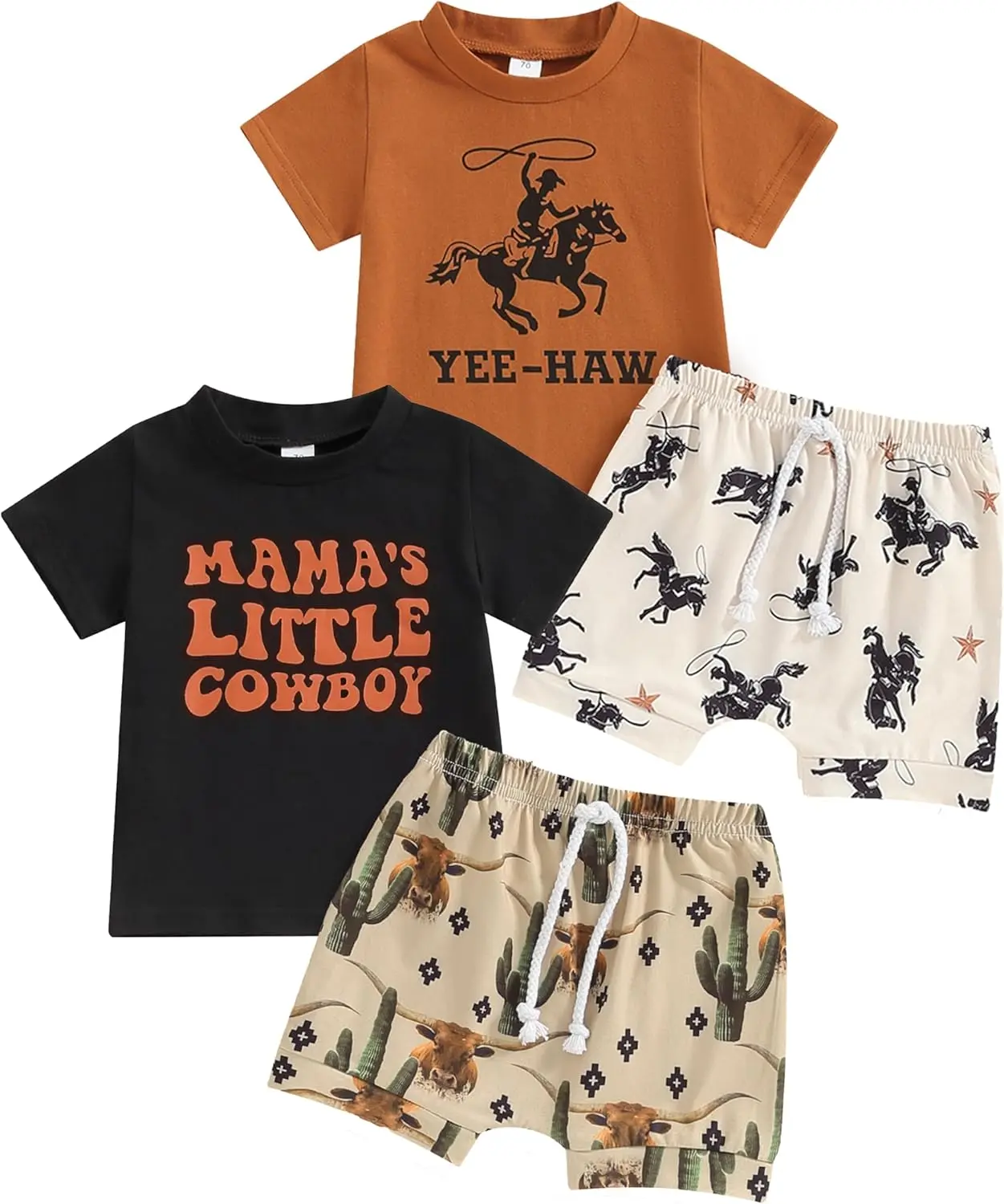 Toddler Boys' 2-Piece Western Theme Casual Wear Set - 3m+ Western Cowboy-Print Short-Sleeve Top, Elastic Waist Shorts, Summer Outfits (Set Includes Top)