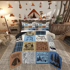 Happy Camping Bedding Set,Rv Camper Comforter Set,Patchwork Rustic Buffalo Plaid Pine Trees Camper Car Decor Quilt,Rv Accessories for Inside Duvet