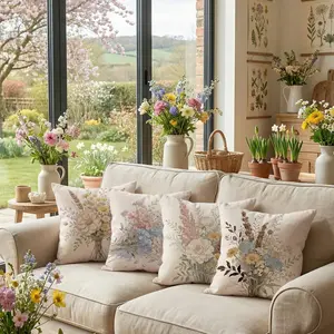 Set of 4 Decorative Spring Wreath Pillow Covers - Dried Wildflower Bouquet & Butterfly Linen Cushion Case for Farmhouse Decor Room Bedroom Sofa Chair Car 0126YM