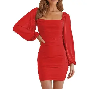 MEROKEETY Women Square Neck Lantern Long Sleeve Mesh Ruched Bodycon Clubwear Mini Dress