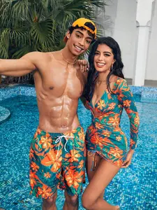 [KAITLIN] 1pc Men Floral Print Loose Fit Beach Shorts, Vacation Style Couples Matching Swimwear Vacation For Beach,Hawaiian