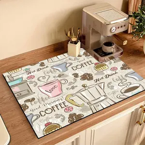 1 Absorbent Pink Heart-Shaped Coffee Mat - Quick-Dry, Non-Slip Diatomaceous Earth & Rubber Kitchen Counter Drying Pad with Charming Coffee Cups & Beans Design, Ideal for Espresso Machines & Valentine's Day Decor, Coffee Bar Accessories
