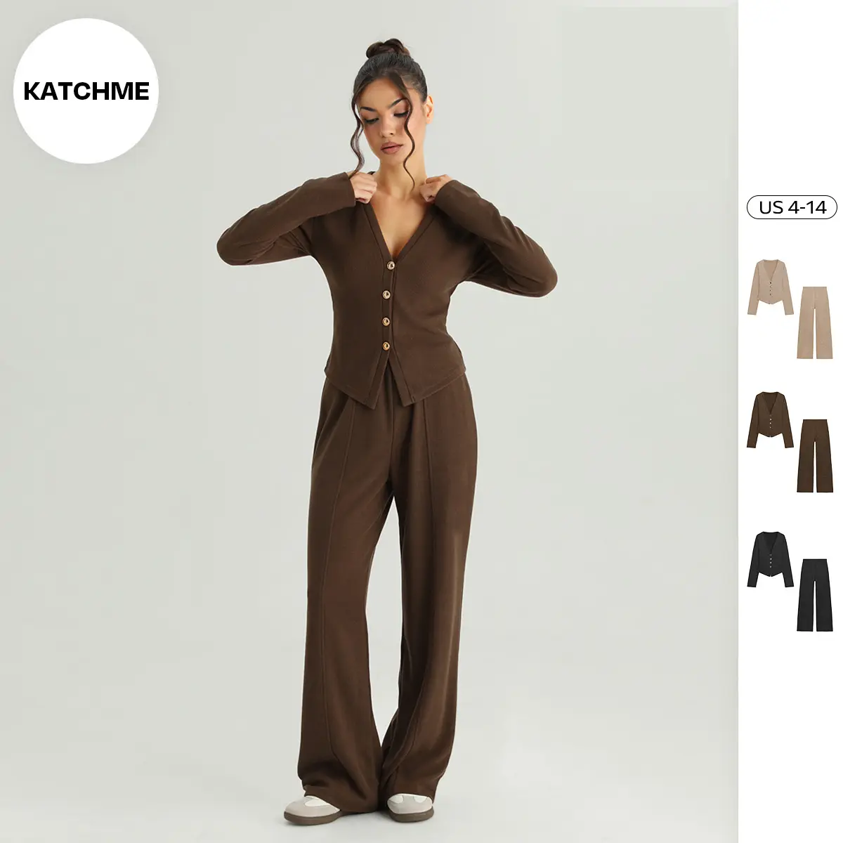 KatchMe Women's Classy V-Neck Long Sleeve Button Tailored Top & High Waist Wide Leg Trousers Co-ord, Cozy Two Piece Outfits, Casual Womenswear