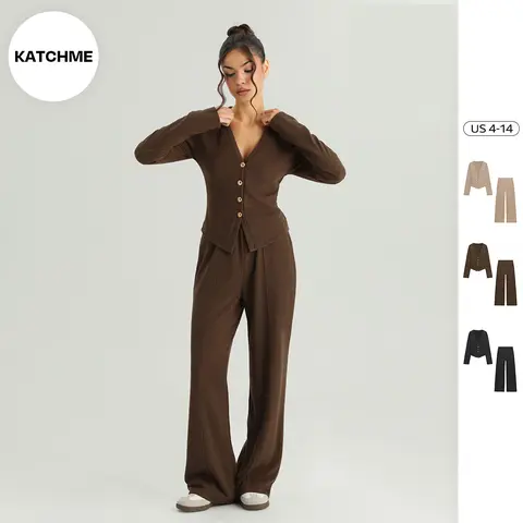 KatchMe Women's Classy V-Neck Long Sleeve Button Tailored Top & High Waist Wide Leg Trousers Co-ord, Cozy Two Piece Outfits, Casual Womenswear