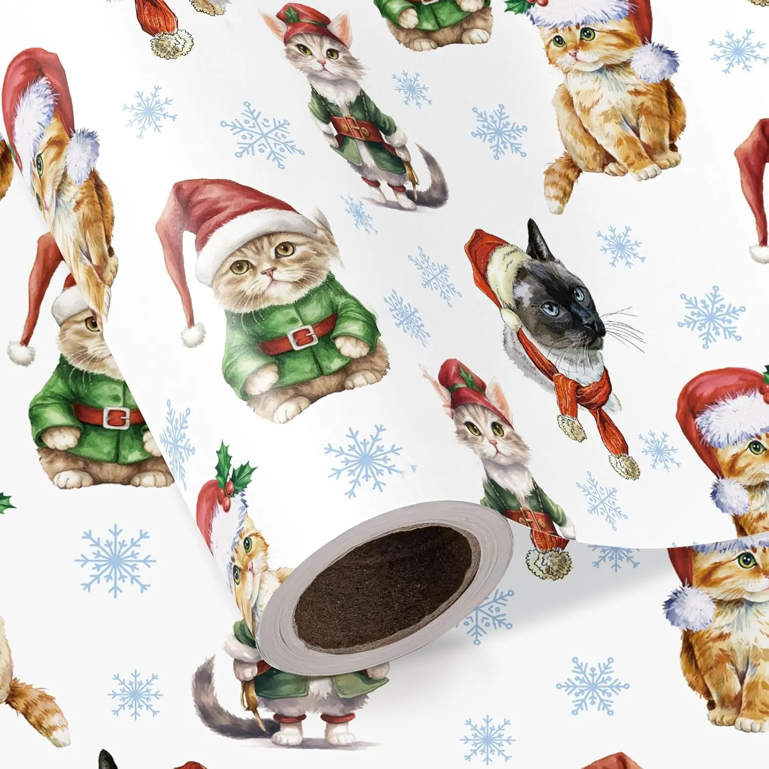 Cat Christmas Wrapping Paper - Mini Roll - 17 Inch x 16.5 Feet - Adorable Christmas Cat Wrapping Paper for Xmas Holiday, Party Celebration