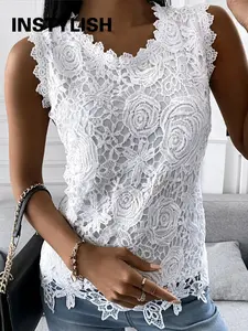 INSFLISH Sleeveless Sexy Vintage Slim Shirt - Lace Blouse for Women, Fitted V-Neck Top, Elegant Club Wear, Summer Chic Fashion